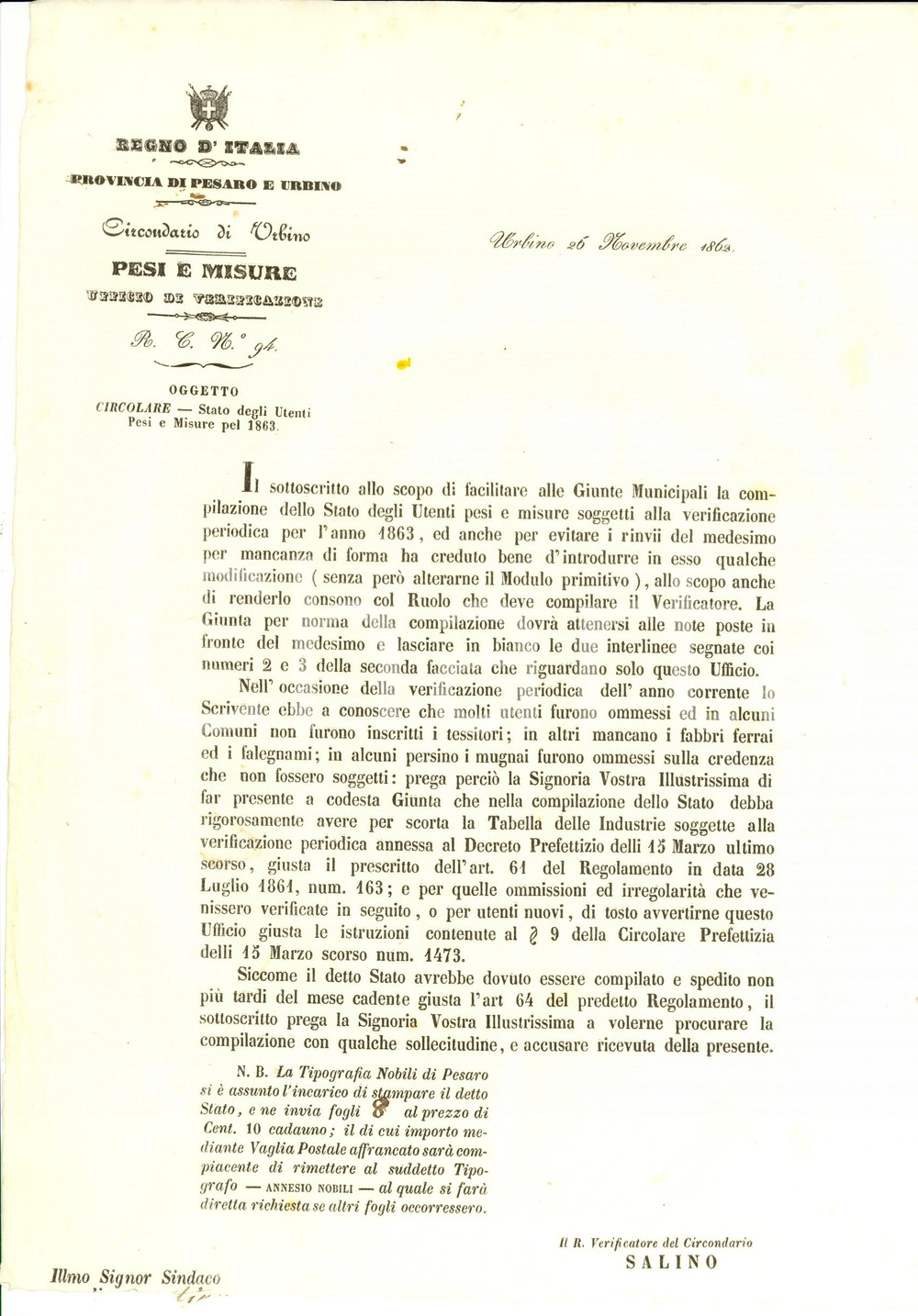 Documento originale, autentico 1862 URBINO Contro le omissioni nella verifica pesi e misure 1