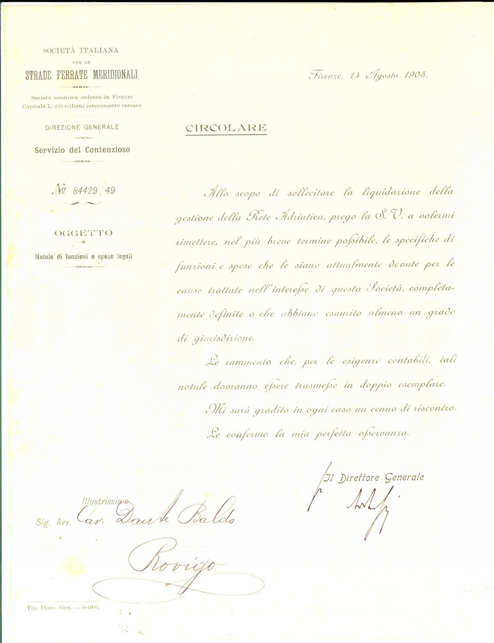 Manoscritto, lettera originale 1905 FIRENZE SocietÃ  Strade Ferrate Meridionali all'avv. Dante BALDO *Lettera 1
