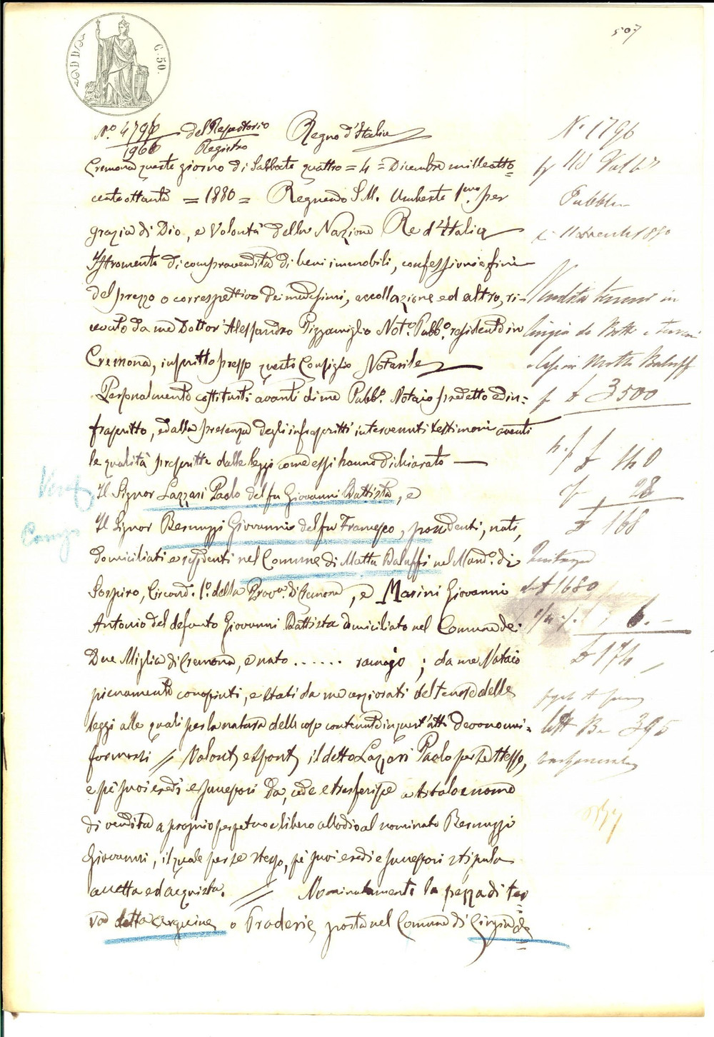 Documento originale, autentico 1880 MOTTA BALUFFI Paolo LAZZARI vende pezza di terra a Giovanni BERNUZZI 1