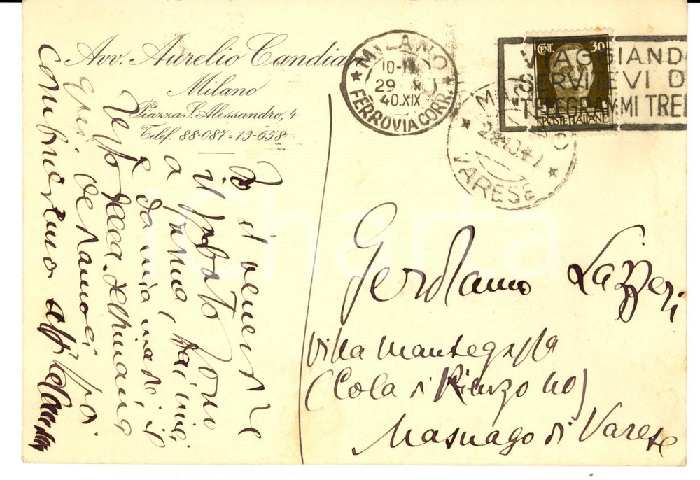 Autografo originale 1940 MILANO Avv. Aurelio CANDIAN Son legato alla catena Autografo 1