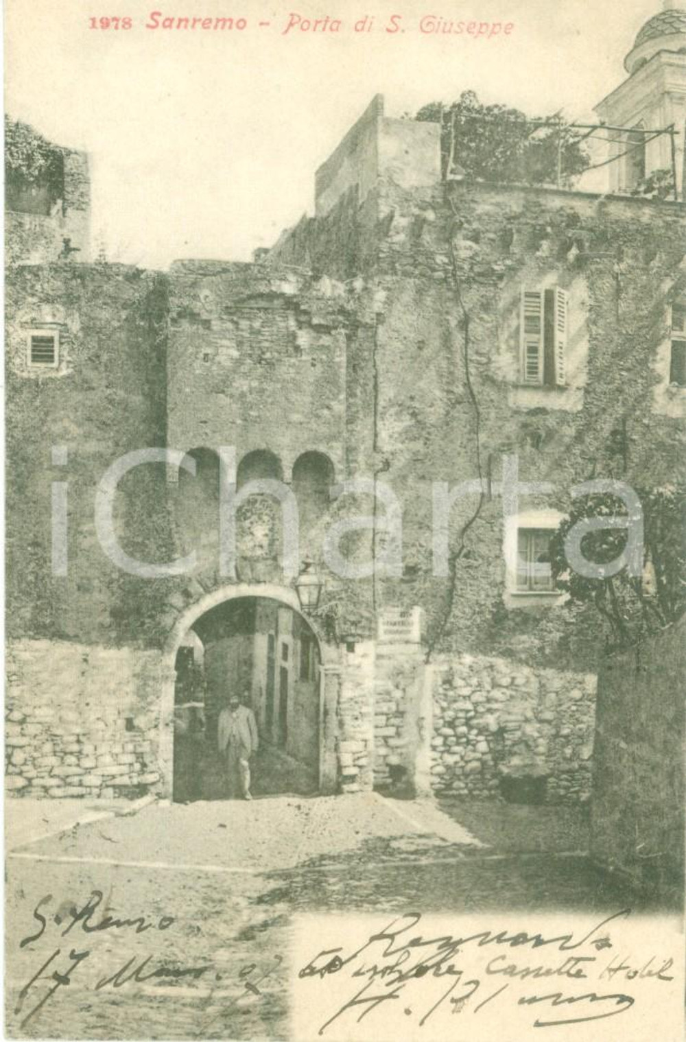 Cartolina originale da collezione 1905 SANREMO (IM) Porta di SAN GIUSEPPE *Cartolina postale ANIMATA FP VG 1