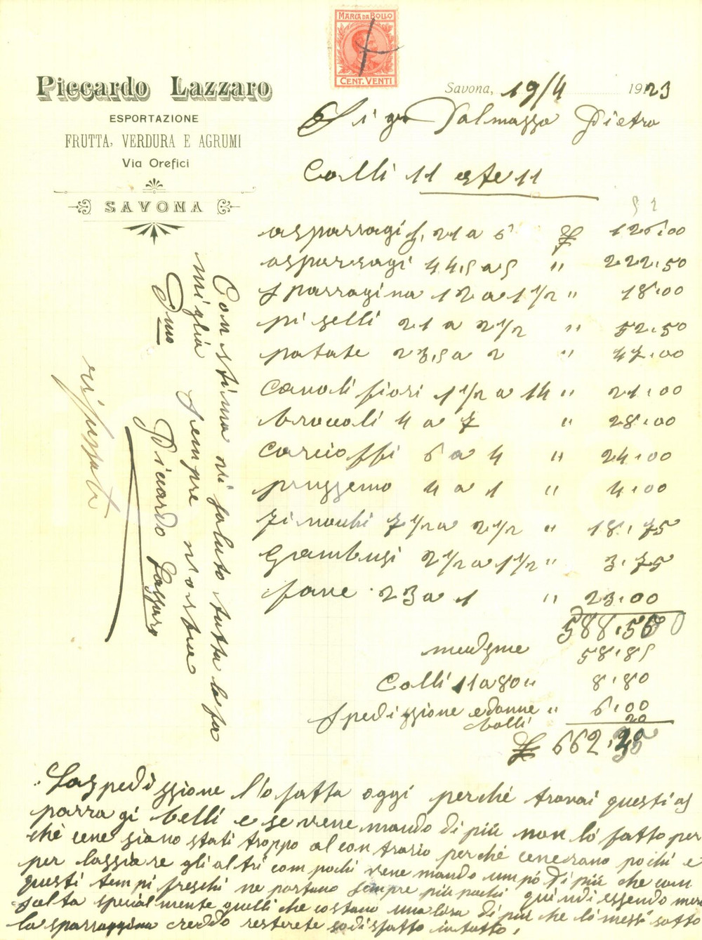 Documento originale, autentico 1923 SAVONA Lazzaro PICCARDO Esportazione frutta verdura e agrumi Fattura 1