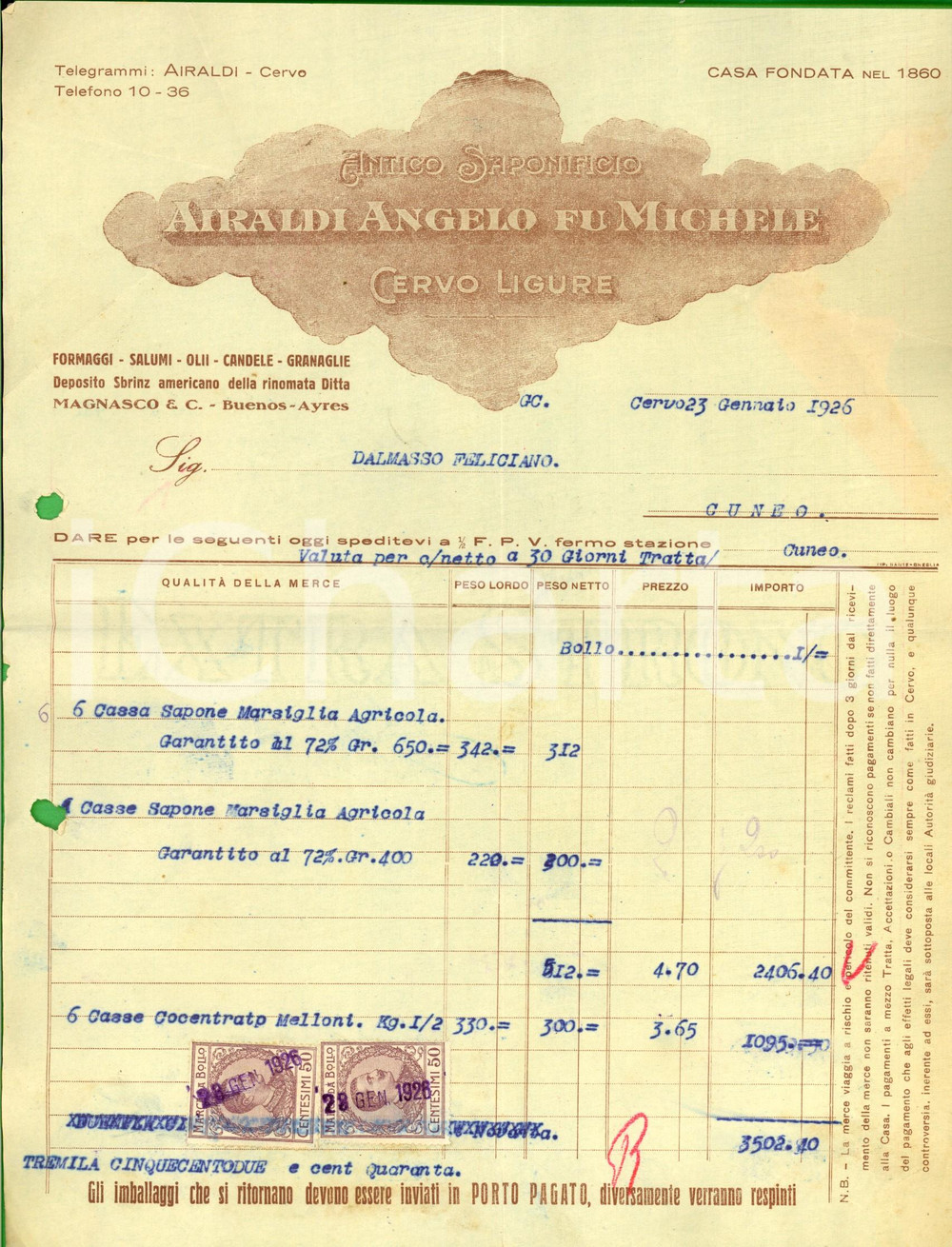 Documento originale, autentico 1926 CERVO IM Angelo AIRALDI fu Michele  Antico saponificio Fattura 1