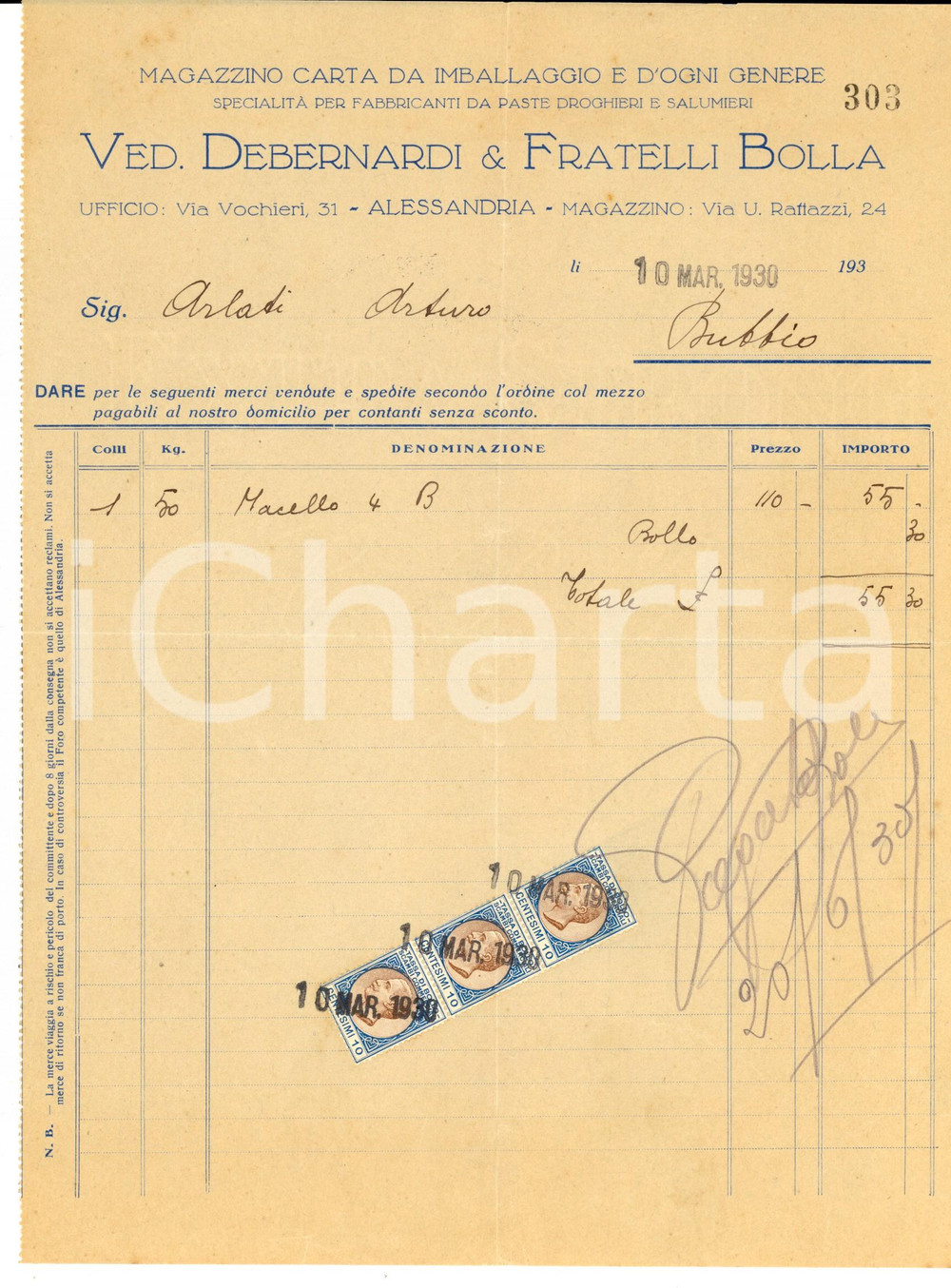 Documento originale, autentico 1930 ALESSANDRIA Vedova DEBERNARDI & Fratelli BOLLA carte da imballo Fattura 1