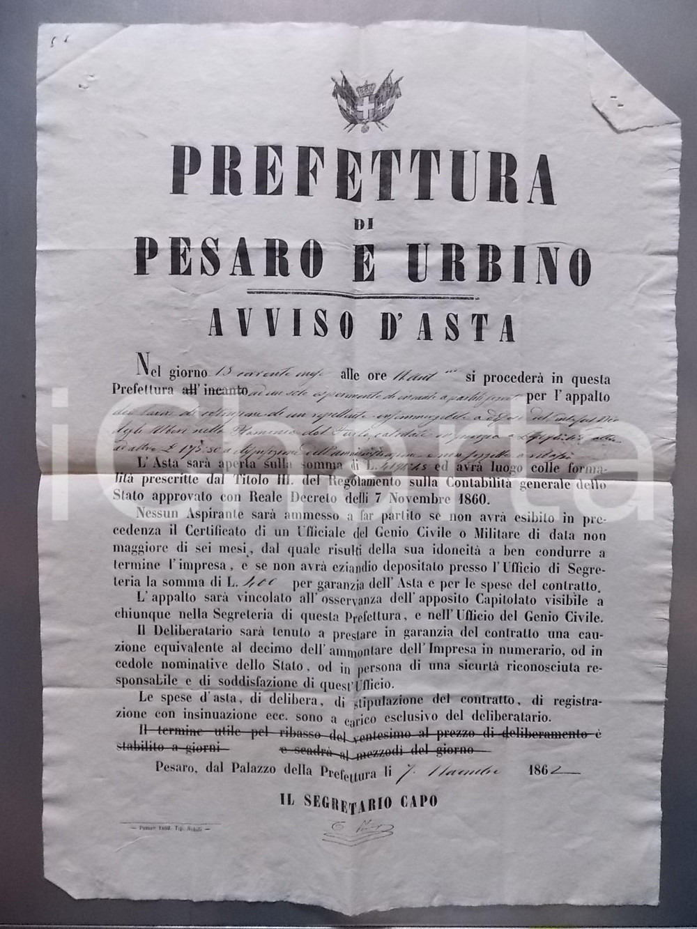 Documento originale, autentico 1862 GOLA DEL FURLO PU Appalto per repellente al PONTE DEGLI ALBERI 1