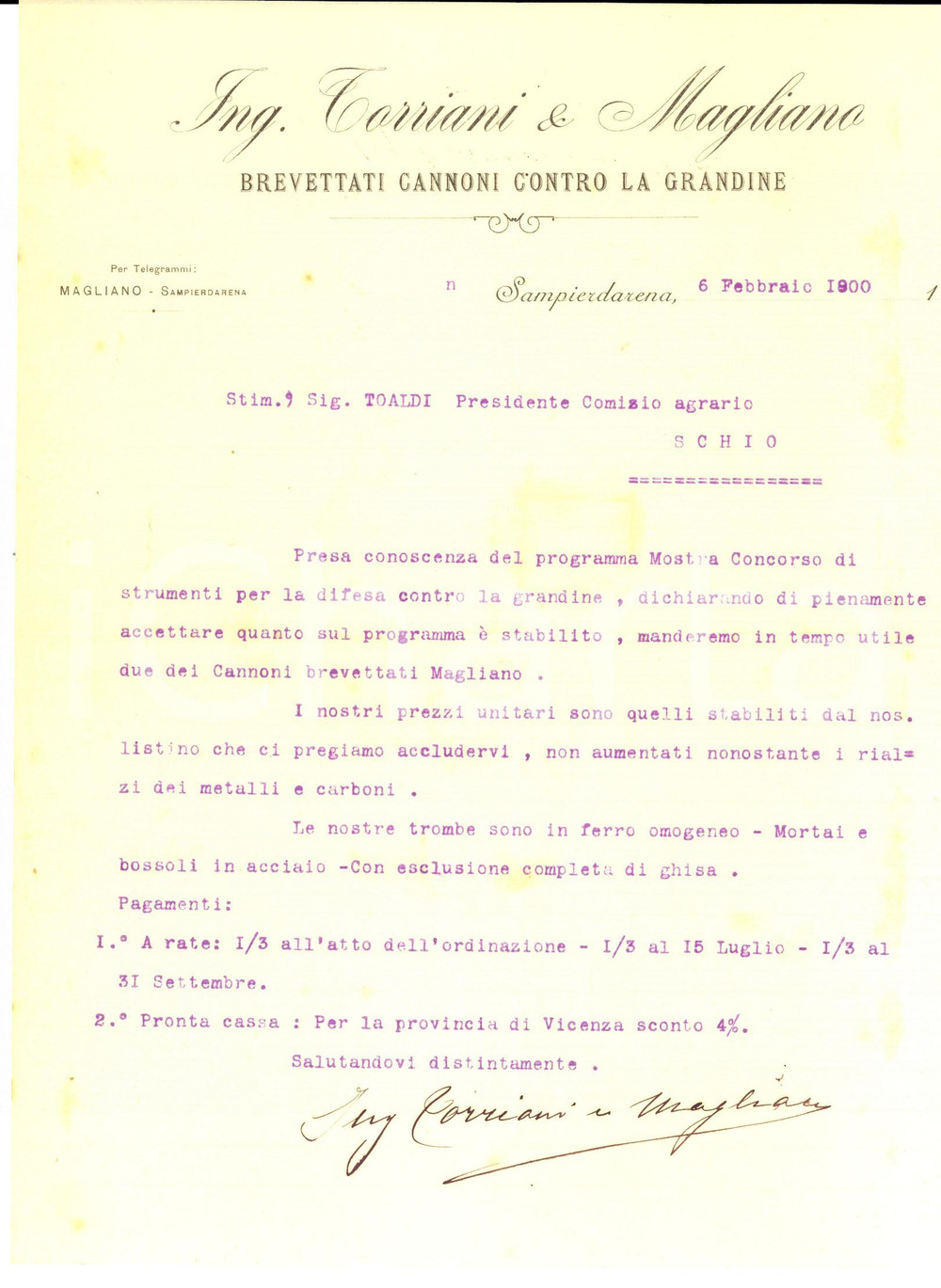 Documento originale, autentico 1900 GENOVA SAMPIERDARENA Ing. TORRIANI & MAGLIANO cannoni antigrandine *Lettera 1