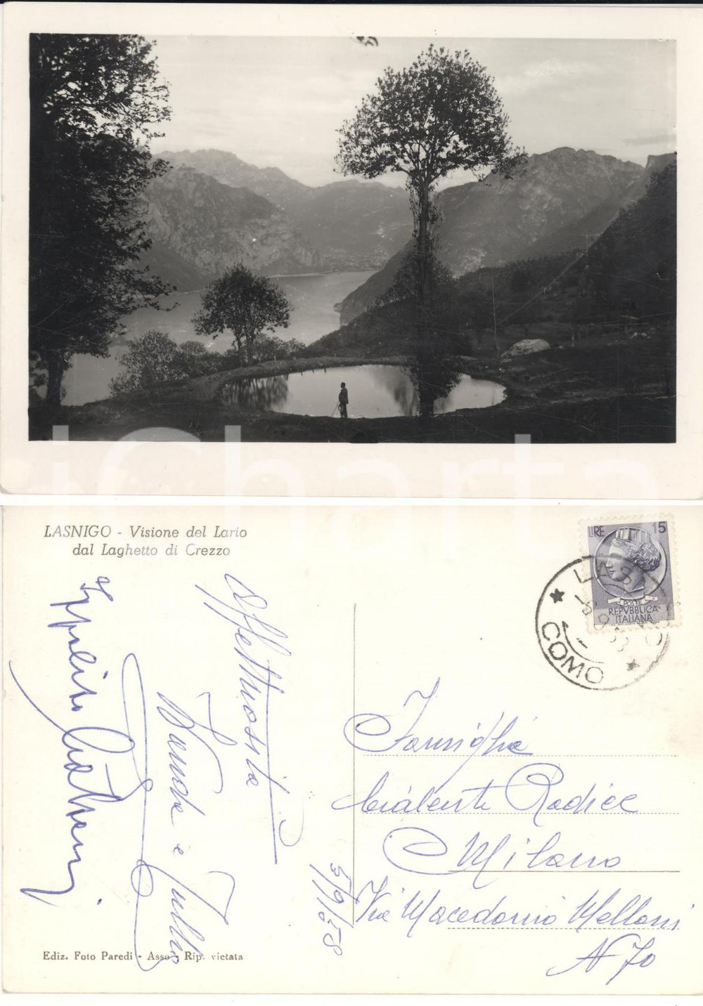Autografo originale 1958  LASNIGO (CO) Visione del Lario *Autografo Ippolito MOLTENI FG VG 1