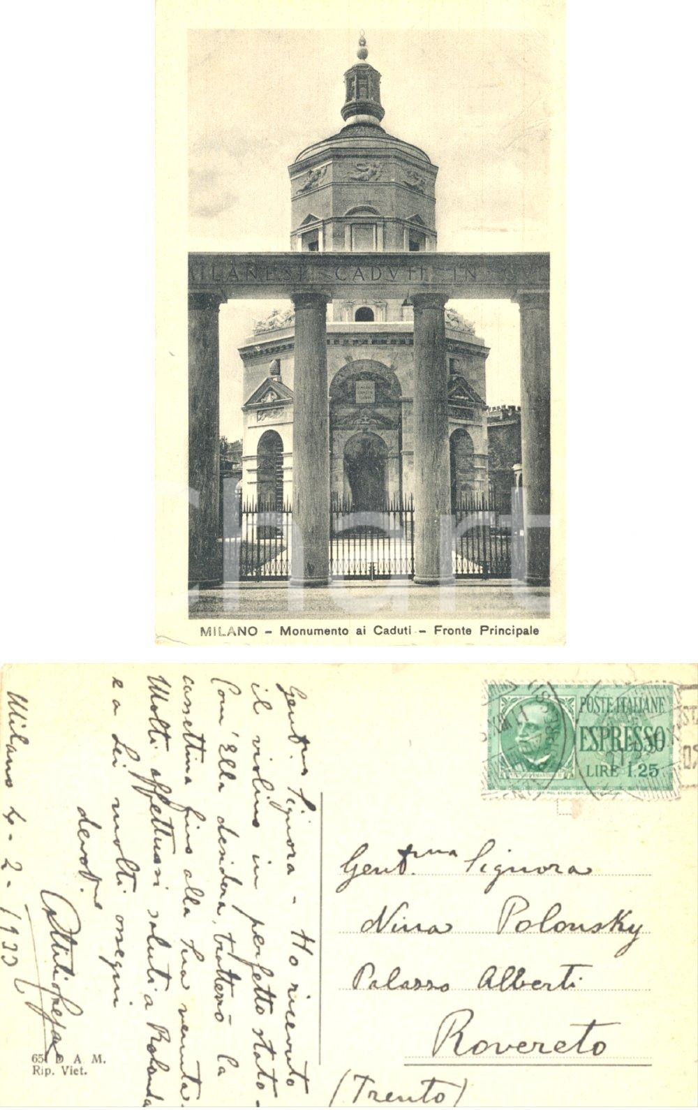 Autografo originale 1933 MILANO Monumento ai Caduti Autografo Attilio CREPAX violinista FP VG 1