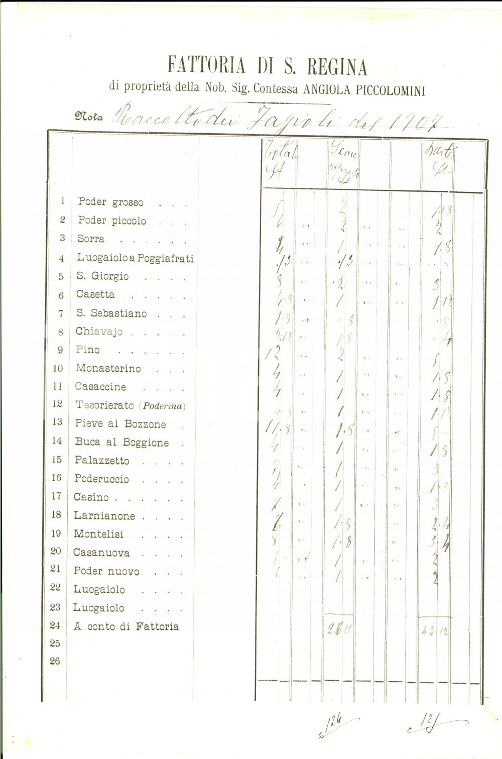 Documento originale, autentico 1907 SIENA Fattoria SANTA REGINA Raccolta dei fagioli per conti PICCOLOMINI 1