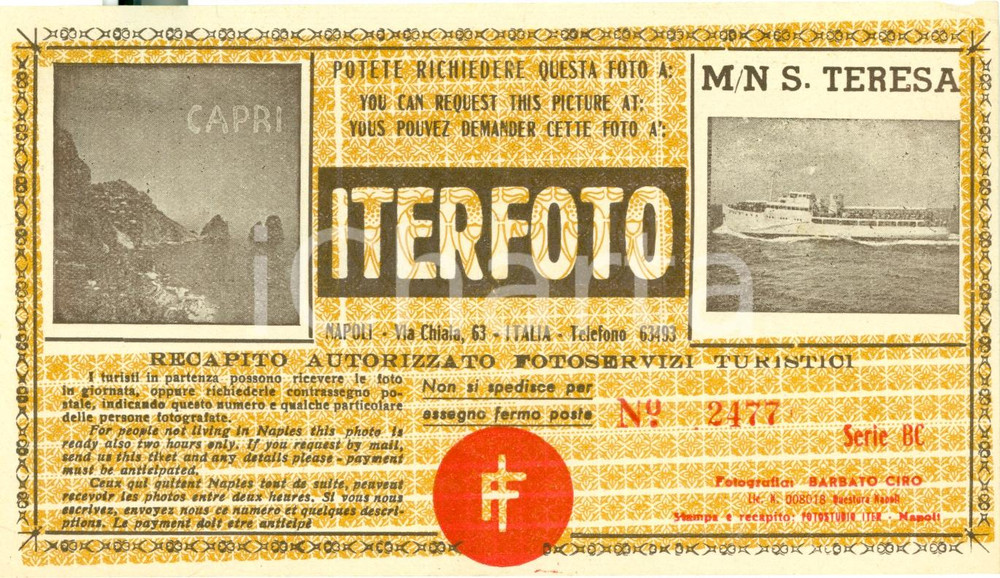 Oggetto da collezione cartaceo 1950 ca CAPRI Biglietto di viaggio su M/N S. TERESA Iterfoto 1