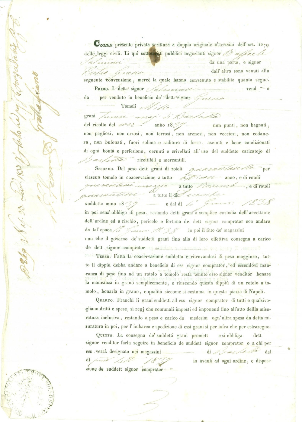 Documento originale, autentico 1837 NAPOLI Raffaele SALMINI vende grani teneri BARLETTA a Pietro GRACCO 1