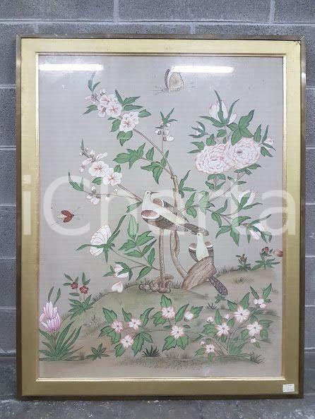 1975 CINA VINTAGE Uccelli su pianta fiorita - quadro 92,7 X 117,5 cm