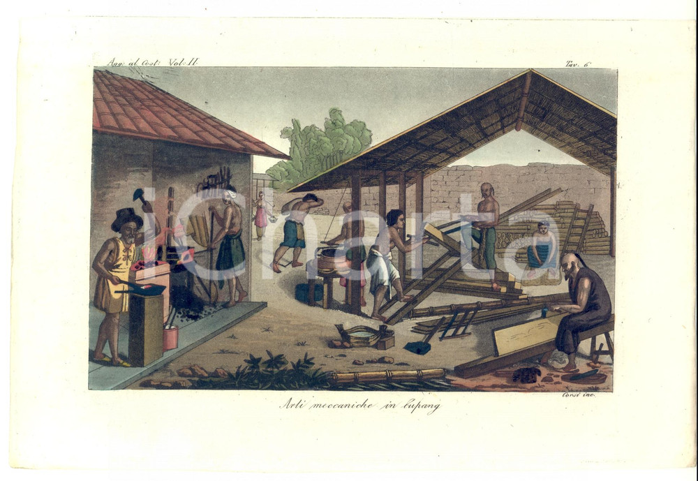 Stampa, bozzetto originale 1834 TIMOR ASIA Arti meccaniche in KUPANG Incisore CORSI Colorata a mano 1