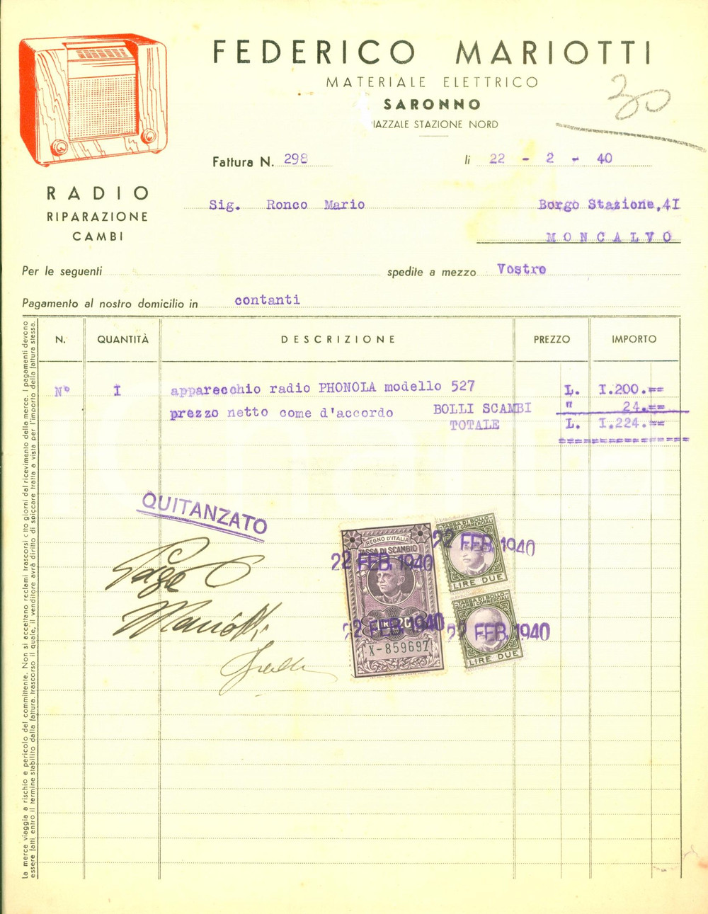 Documento originale, autentico 1940 SARONNO VA Federico MARIOTTI materiale elettrico radio Fattura ILLUSTRATA 1