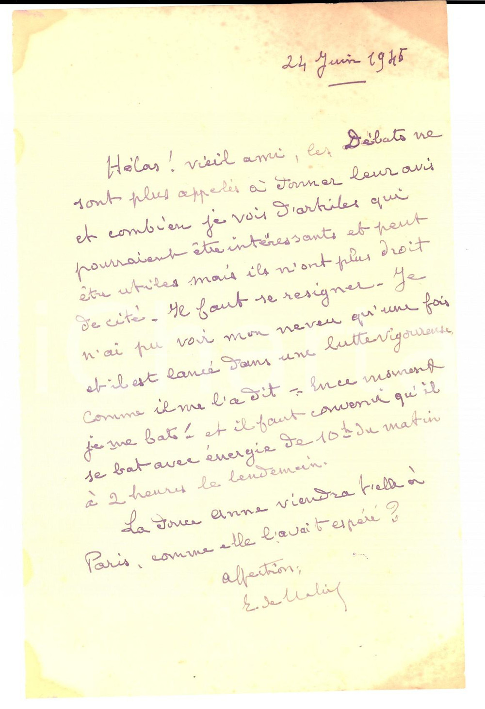 Autografo originale 1945 PARIS Etienne BANDY DE NALECHE sulla fine del JOURNAL DES DEBATS Autographe 1