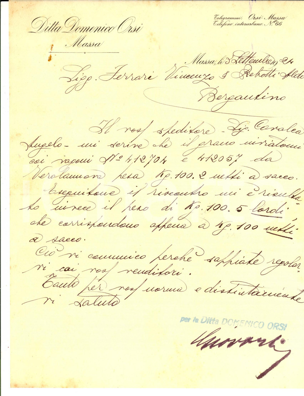 Manoscritto, lettera originale 1924 MASSA Ditta Domenico ORSI  Lettera sul peso di una spedizione di grano 1