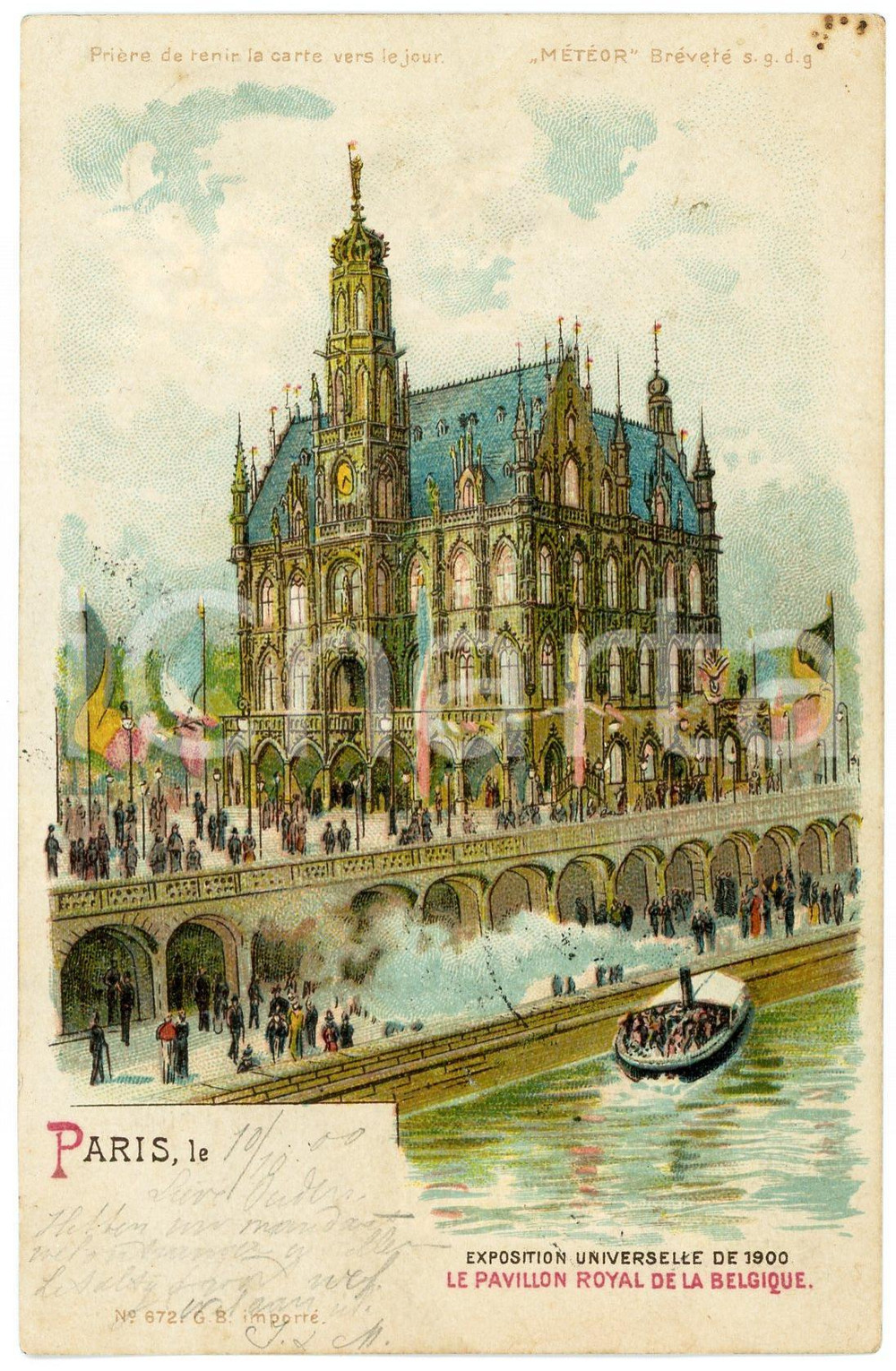 1900 EXPOSITION DE PARIS Pavillon Royal de la Belgique - Carte postale lumineuse  Cartolina postale d'epoca, non viaggiata.EDITORE: M&eacute;t&eacute;or CONDIZIONI: FAIR (macchie all'angolo superiore destro)FORMATO: FP    originale e autentica 1
