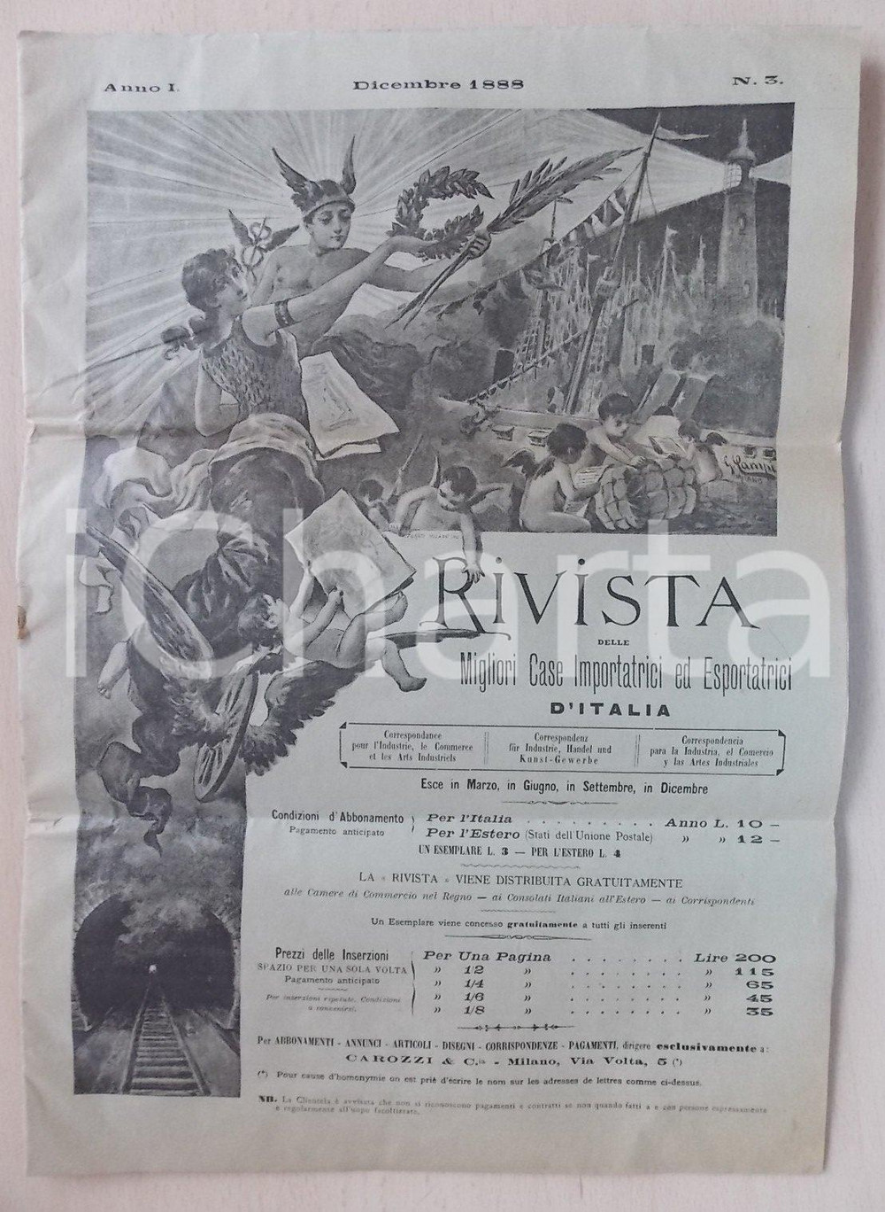 Giornale, rivista storica 1888 MILANO Rivista migliori case importatrici Ditta CAROZZI anno1 n. 3 RARO 1