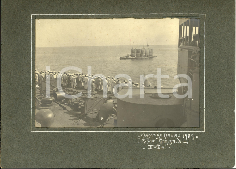 Fotografia d epoca originale 1909 GRANDI MANOVRE Regia Nave GARIBALDI Manovre navali Foto con cornice 1