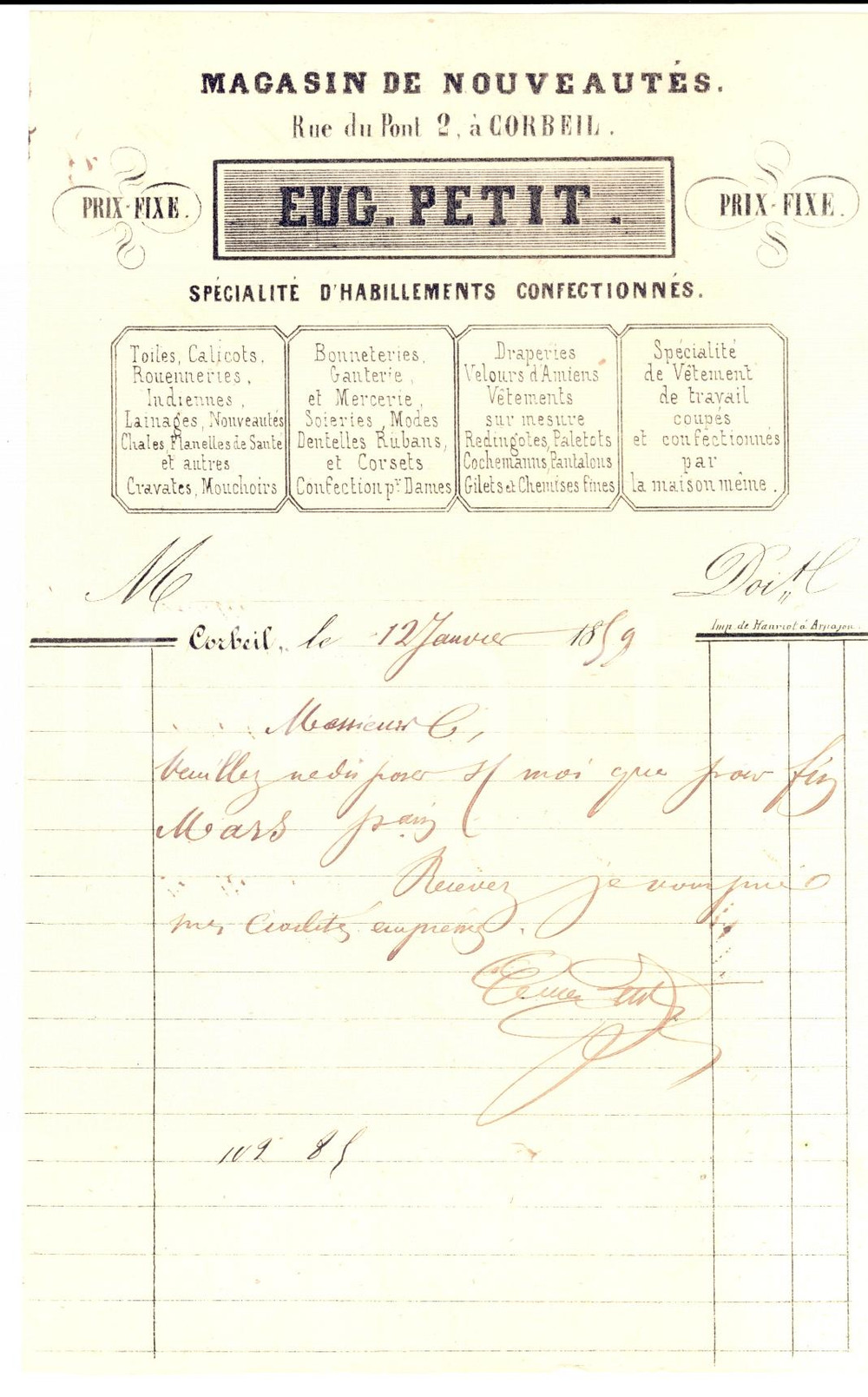 Documento originale, autentico 1859 CORBEIL-ESSONNES (F) Eugène PETIT Habillements confectionnés et nouveautés 1