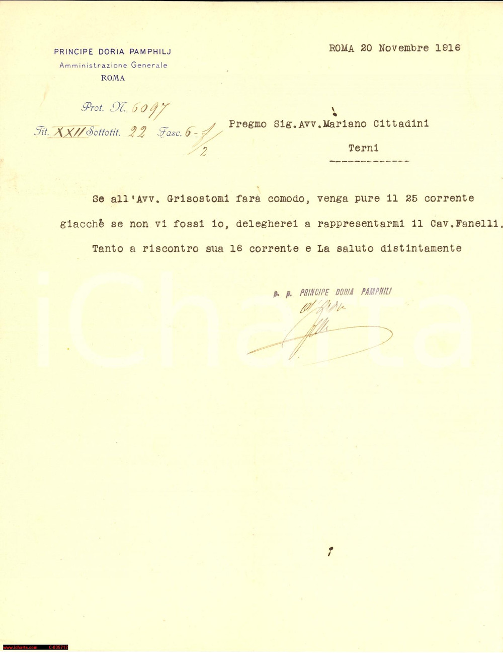 Manoscritto, lettera originale 1916 ROMA Amministrazione Principe DORIA PAMPHILJ all'avv. Mariano CITTADINI 1