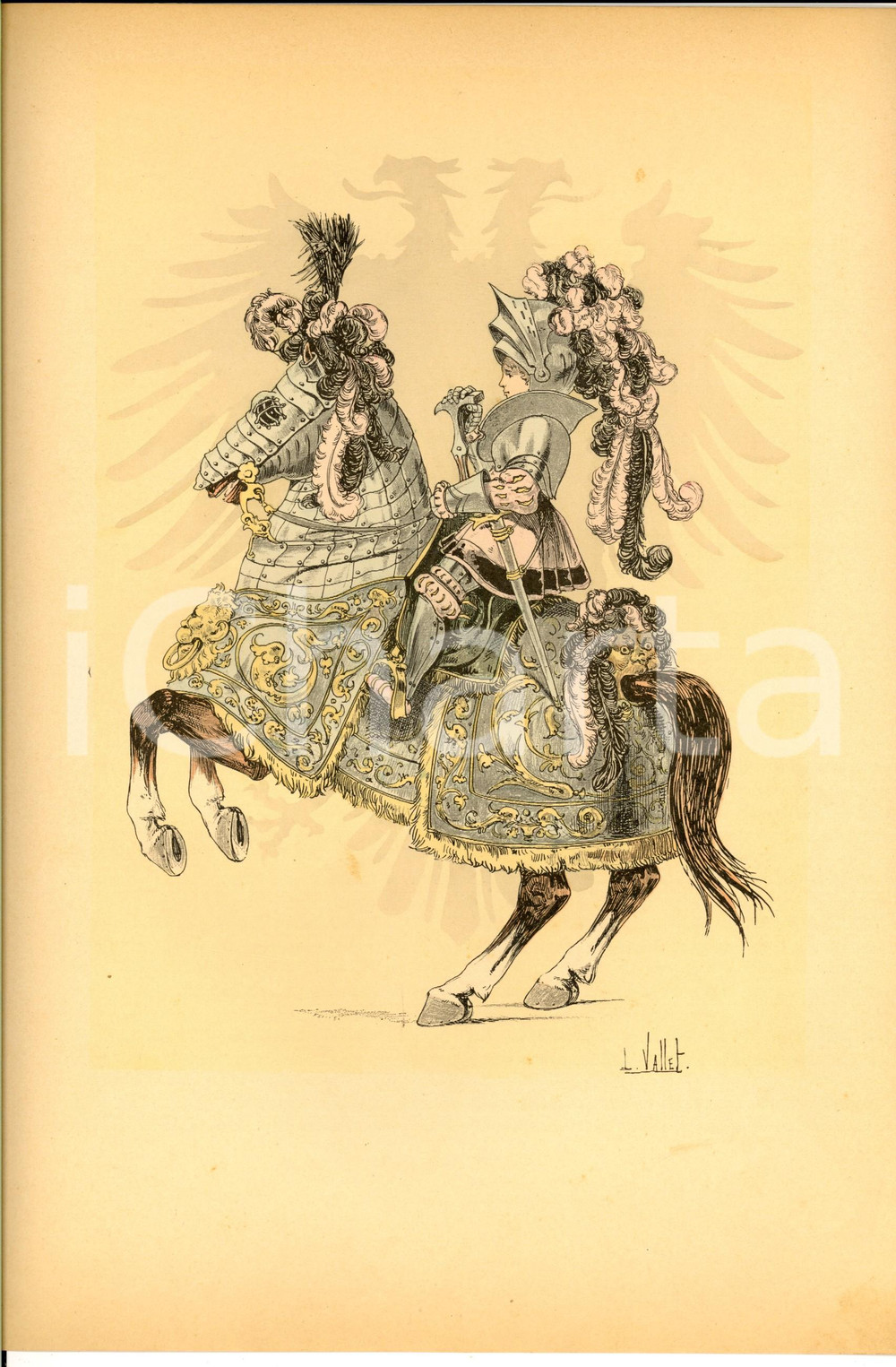 Stampa, bozzetto originale 1890 L. VALLET Le chic Ã  cheval  Jeune gentilhomme CHARLES V Litho 25x33 1