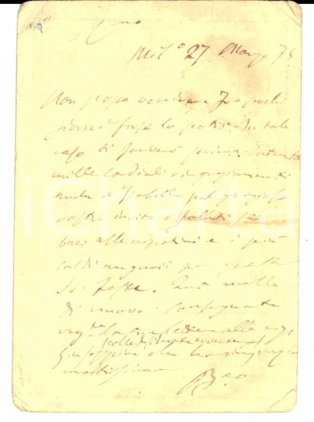 Cartolina originale da collezione 1875 MILANO Amico ringrazia l'avv. Girolamo BONOLA per un invito *Cartolina 1