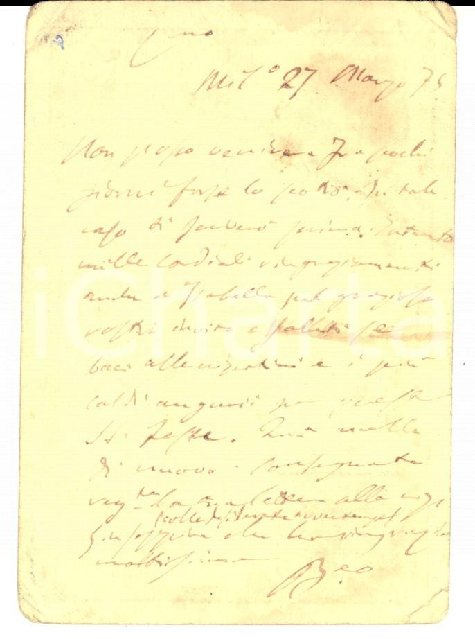 Cartolina originale da collezione 1875 MILANO Amico ringrazia l avv. Girolamo BONOLA per un invito Cartolina 1