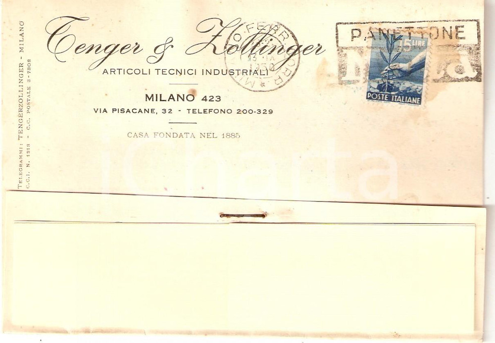 Cartolina originale da collezione 1950 MILANO SocietÃ  TENGER E ZOLLINGER Articoli tecnici Cartolina Commerciale 1