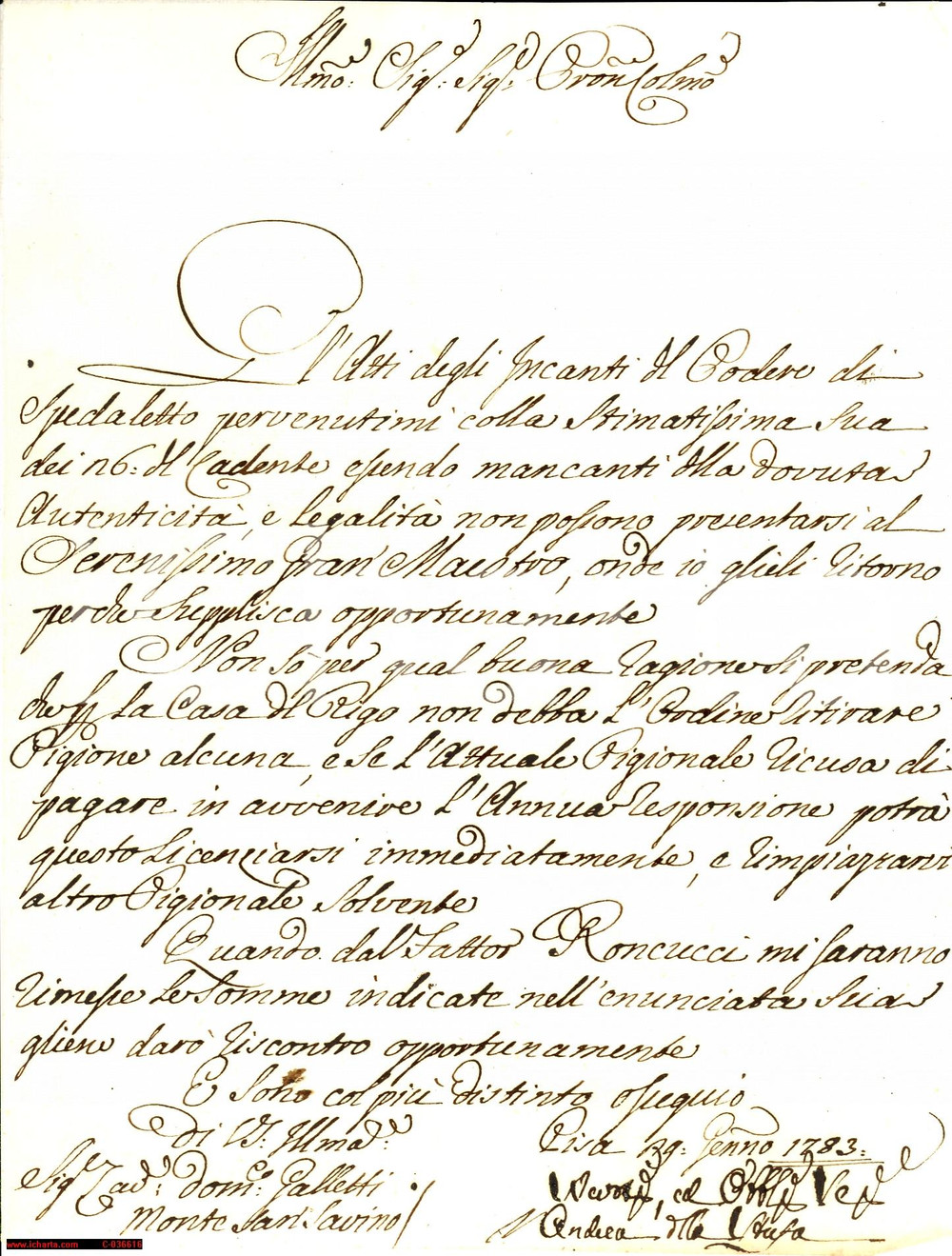 Manoscritto, lettera originale 1783 PISA Andrea DELLA STUFA sui Mancati affitti della casa del Rigo Lettera 1