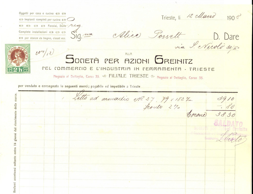 Documento originale, autentico 1908 TRIESTE Società GREINITZ Ferramenta  Fattura per letto ad armadio 1