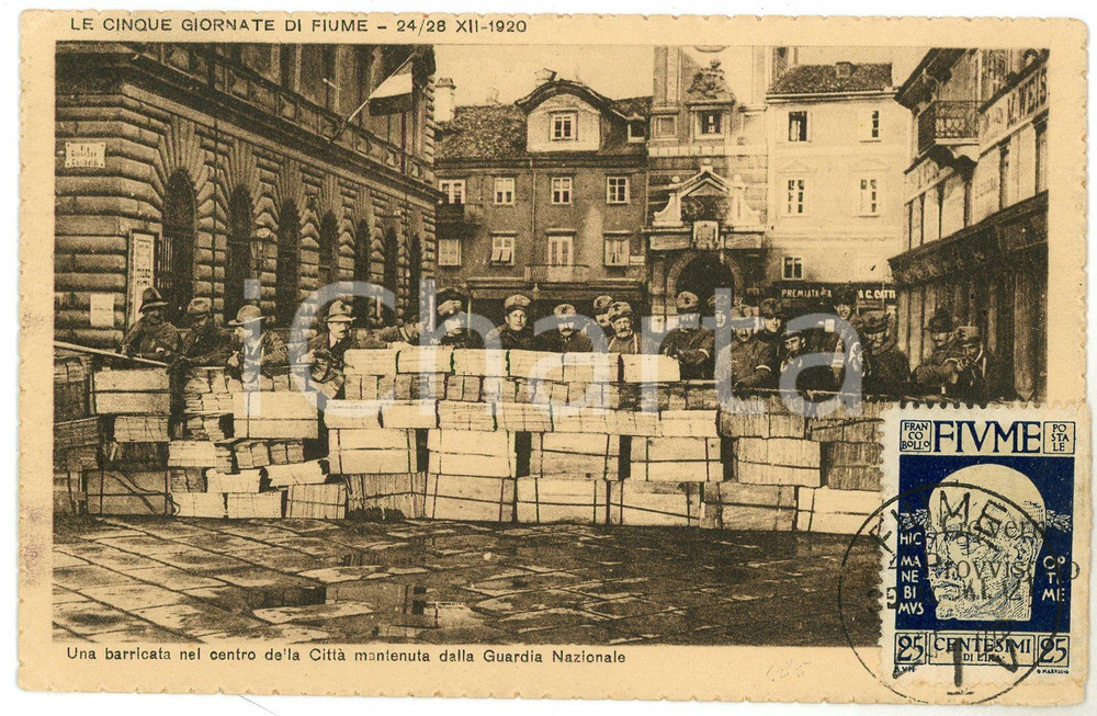 1921 CINQUE GIORNATE DI FIUME Barricata della Guardia Nazionale - Cartolina FP  Cartolina postale d'epoca, viaggiata.Con affrancatura "24-IV-1921 Costituente Fiumana". FAIR/discreto Lievi smussature agli angoli Formato: FP originale e autentica 1