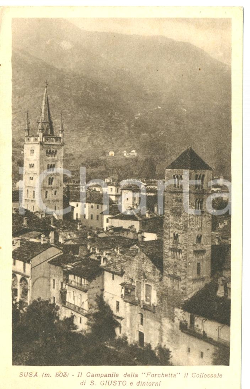 Cartolina originale da collezione 1935 SUSA (TO) Campanile FORCHETTA Colossale S.GIUSTO *Cartolina postale FP VG 1