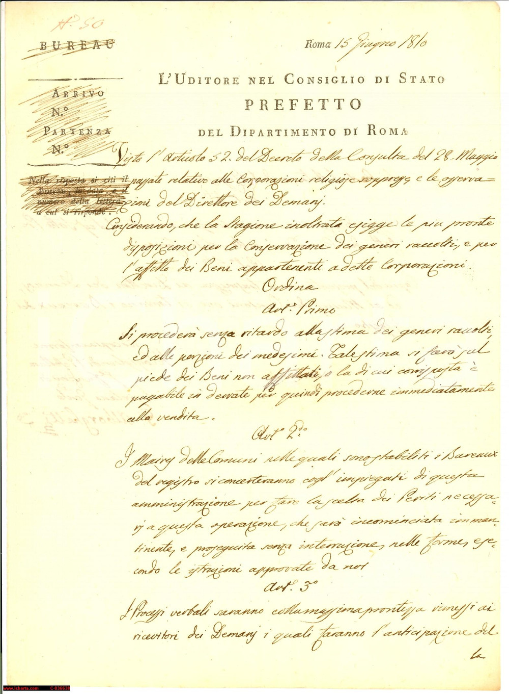Documento originale, autentico 1810 ROMA gestione beni conventi soppressi nel Lazio 1