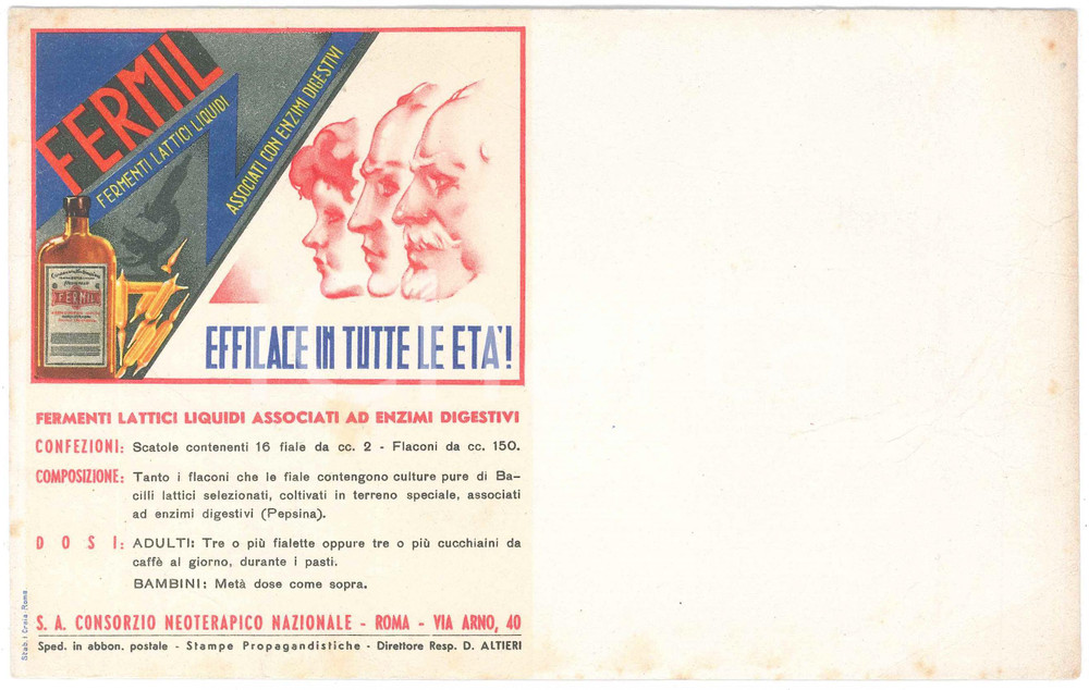 Materiale pubblicitario d’epoca 1930 ca FARMACEUTICA Consorzio Neoterapico  FERMIL Fermenti Carta assorbente 1