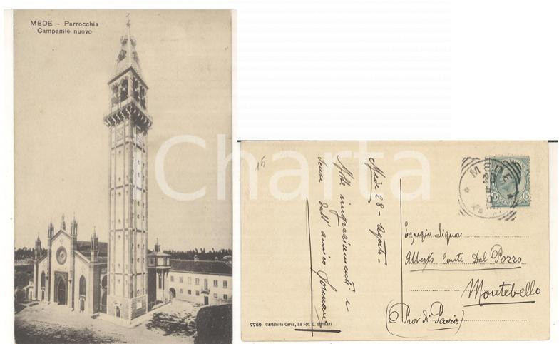 Cartolina originale da collezione 1910 ca MEDE PV Campanile nuovo Cartolina conte SORMANI ad Alberto DAL POZZO 1
