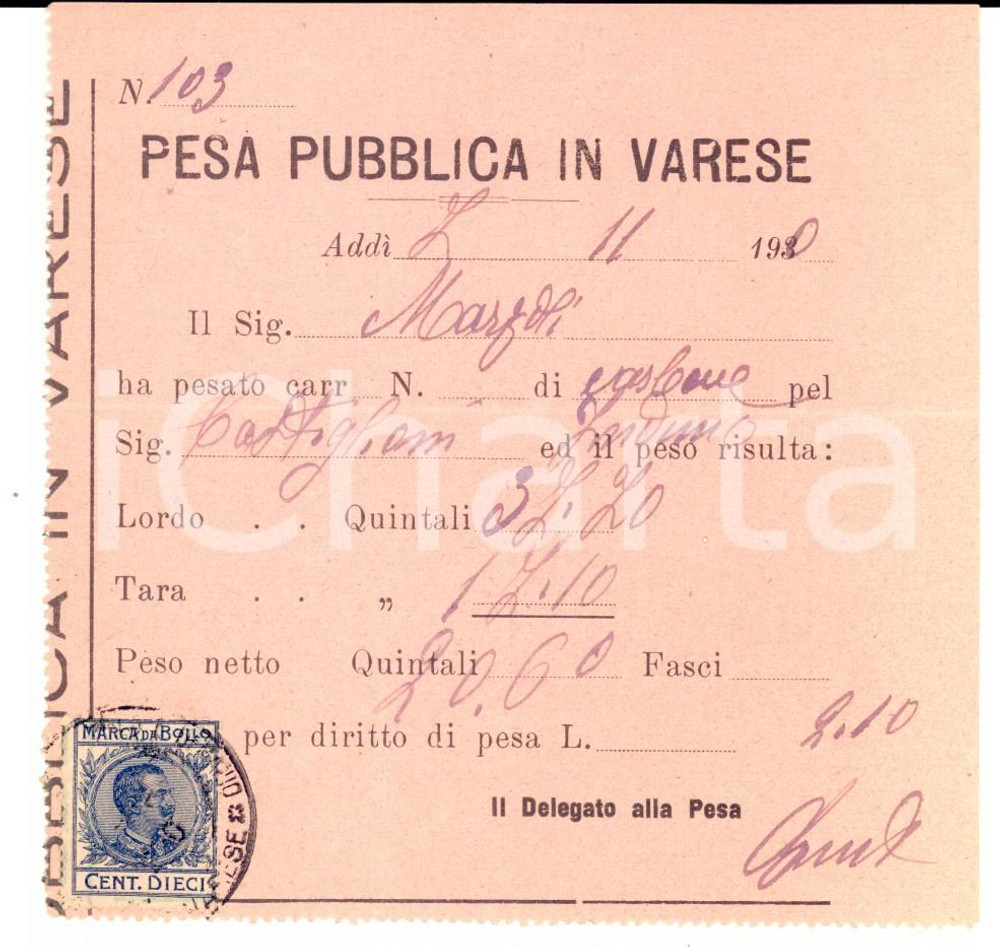 Documento originale, autentico 1930 VARESE Pesa pubblica di carbone per CASTIGLIONI *Documento 1