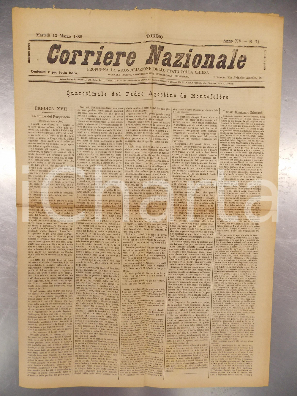 Giornale, rivista storica 1888 CORRIERE NAZIONALE Padre Agostino da MONTEFELTRO Anime del PURGATORIO 1