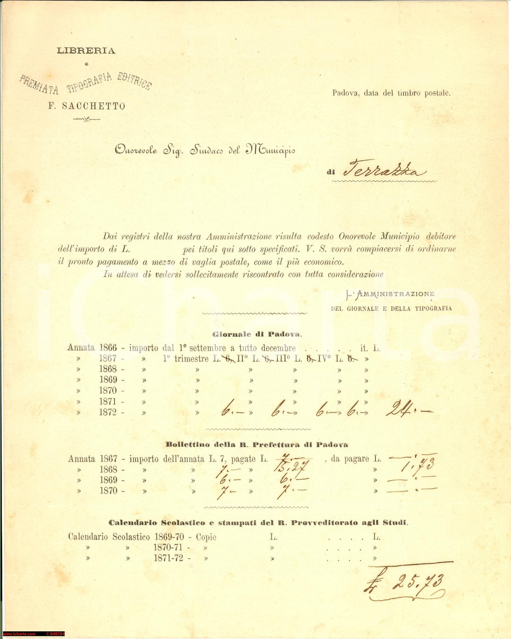 Documento originale, autentico 1872 TERRASSA PADOVANA Arretrati libreria SACCHETTO PD 1
