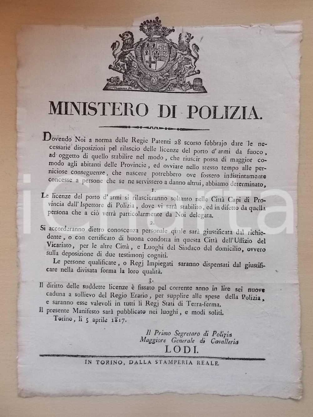 Documento originale, autentico 1817 TORINO Sulle licenze del porto d'armi da fuoco *Manifesto DANNEGGIATO 1