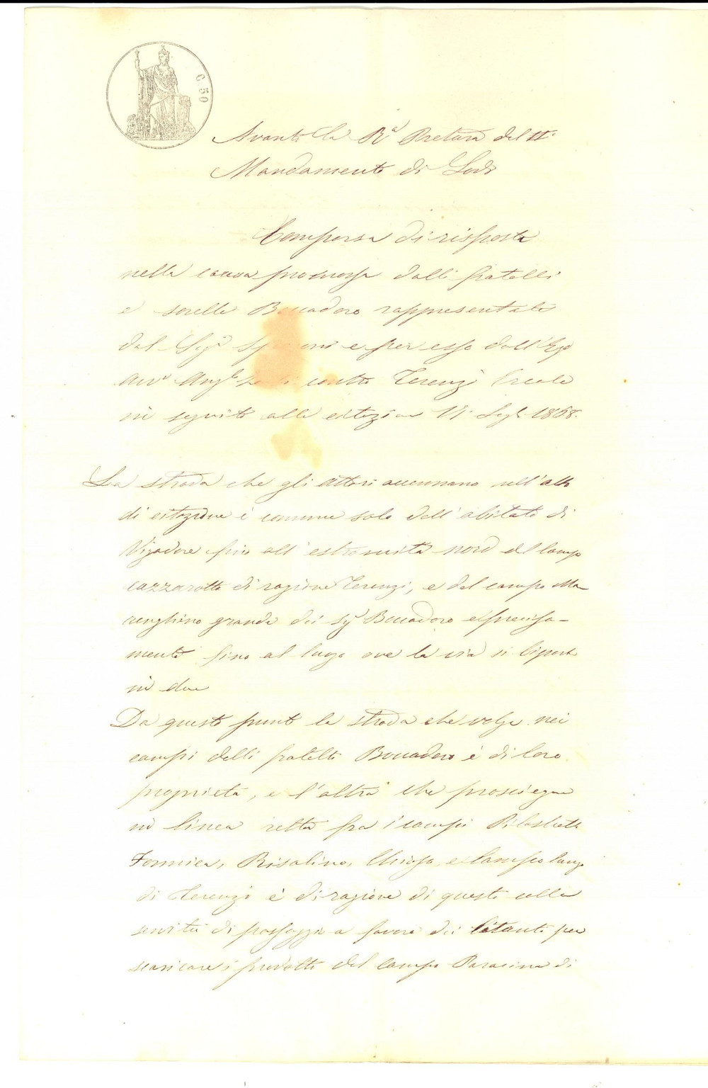 Documento originale, autentico 1868 LODI Lite tra fratelli BOCCADORO ed Ercole TARENZI per impianto irriguo 1