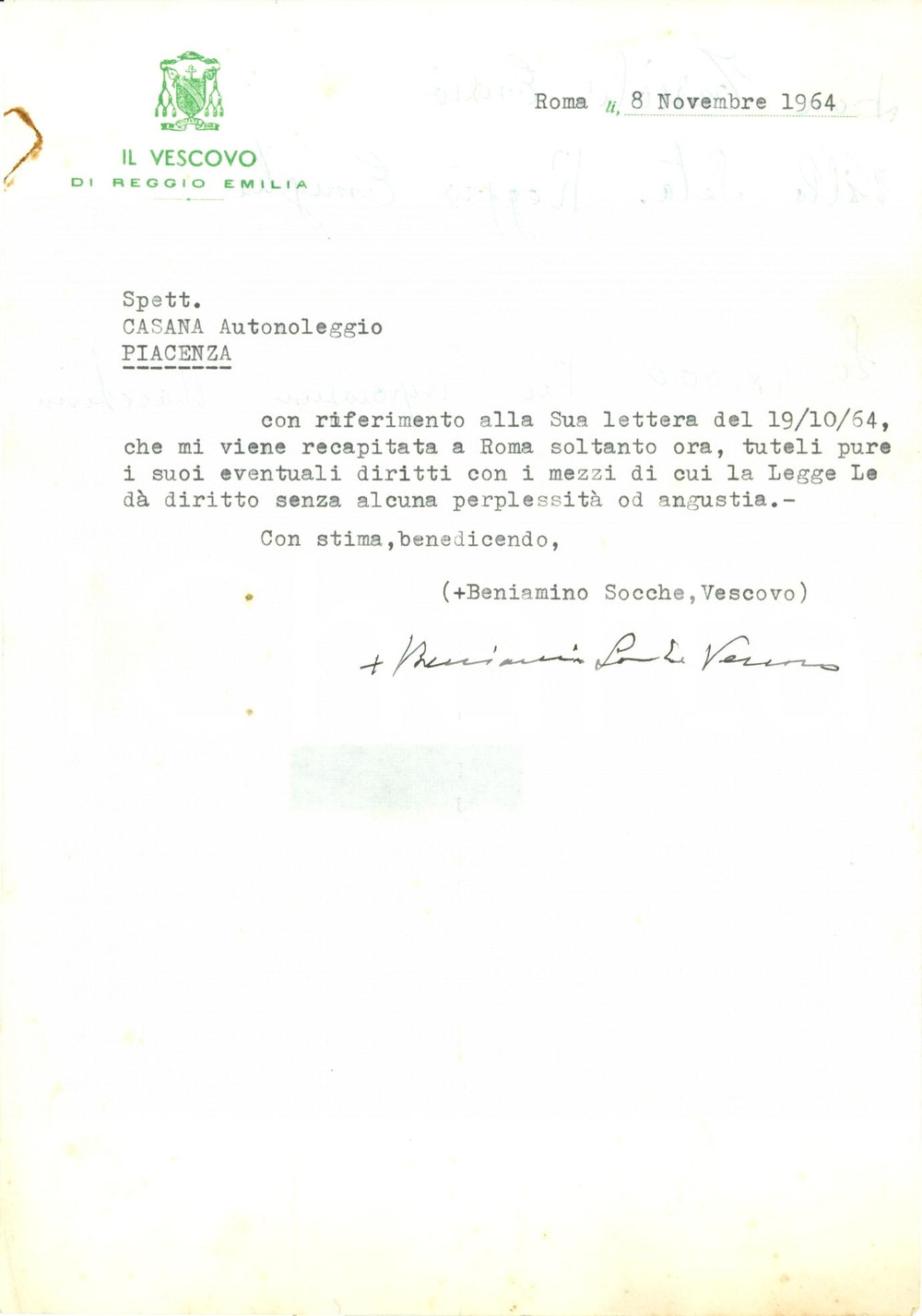 Autografo originale 1964 REGGIO EMILIA Vescovo Beniamino SOCCHE vs Autonoleggio CASANA Autografo 1