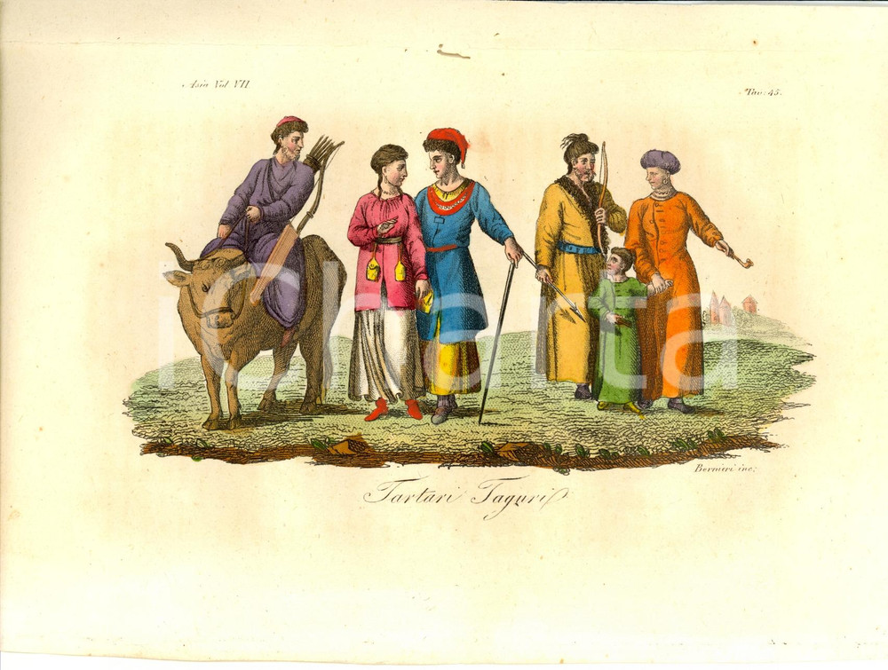 Stampa, bozzetto originale 1823 ASIA Tartari TAGURI Incisione BERNIERI Colorata a mano 1
