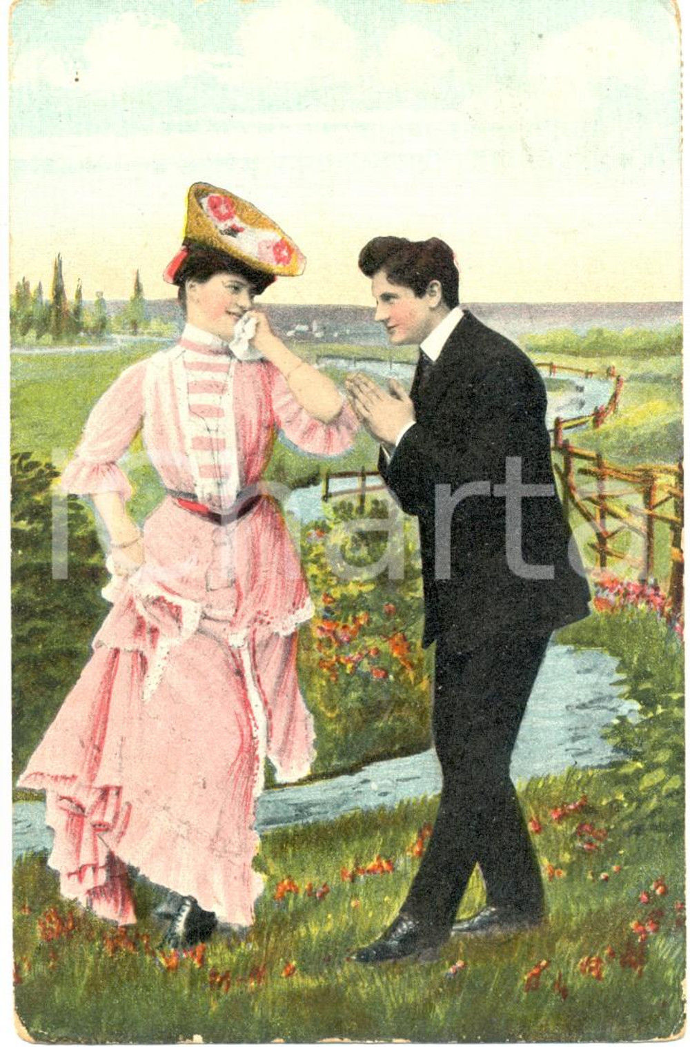 Cartolina originale da collezione 1908 GERMANIA Innamorati in paesaggio bucolico *Cartolina ILLUSTRATA FP VG 1