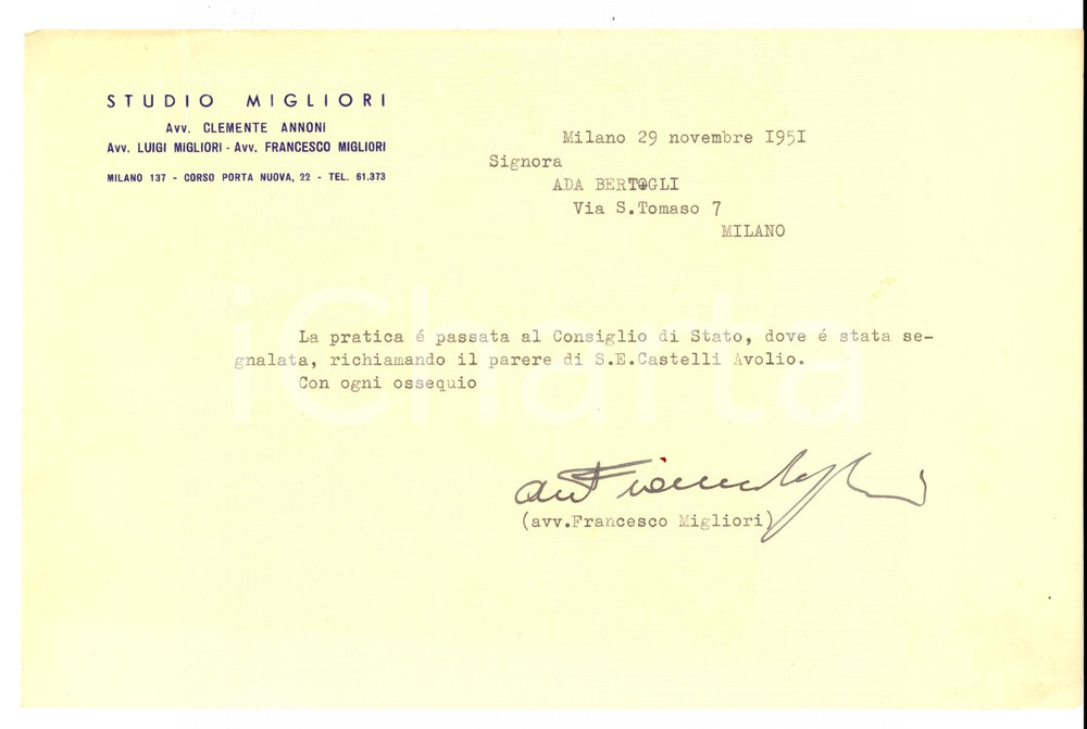 Autografo originale 1951 MILANO Lettera avvocato Francesco MIGLIORI ad Ada BERTOGLI Autografo 1