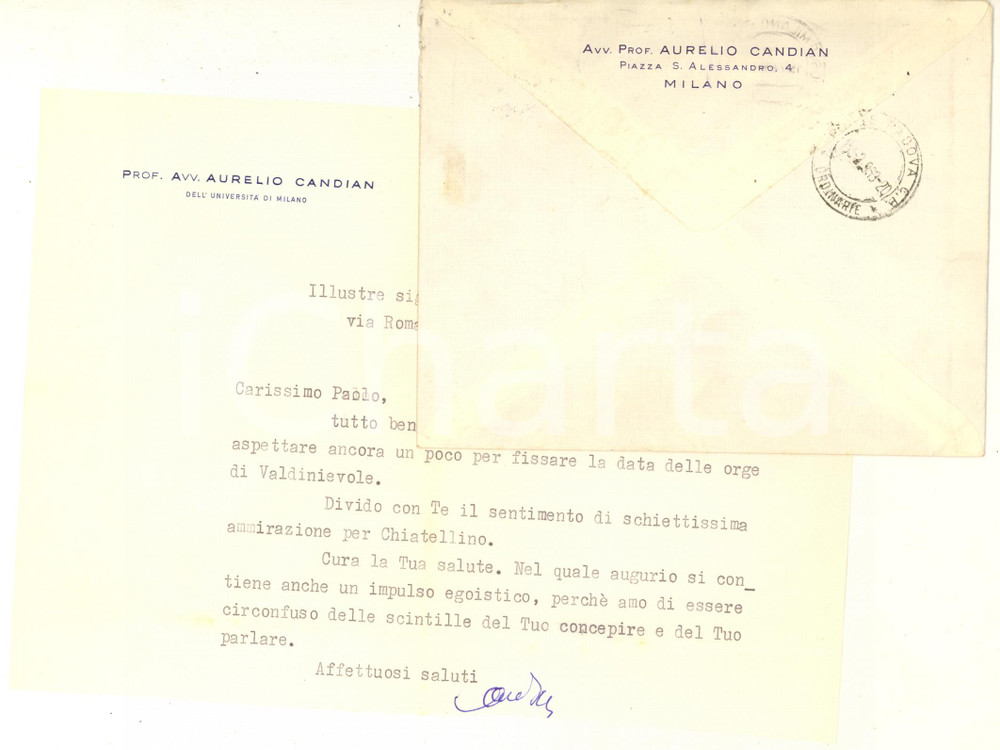 Autografo originale 1963 MILANO Lettera Aurelio CANDIAN  Università  di Milano Autografo 1