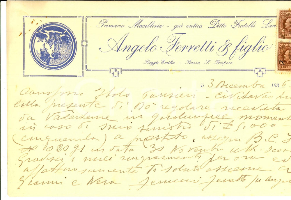 Manoscritto, lettera originale 1936 REGGIO EMILIA Primaria macelleria Angelo FERRETTI & Figlio Lettera 1