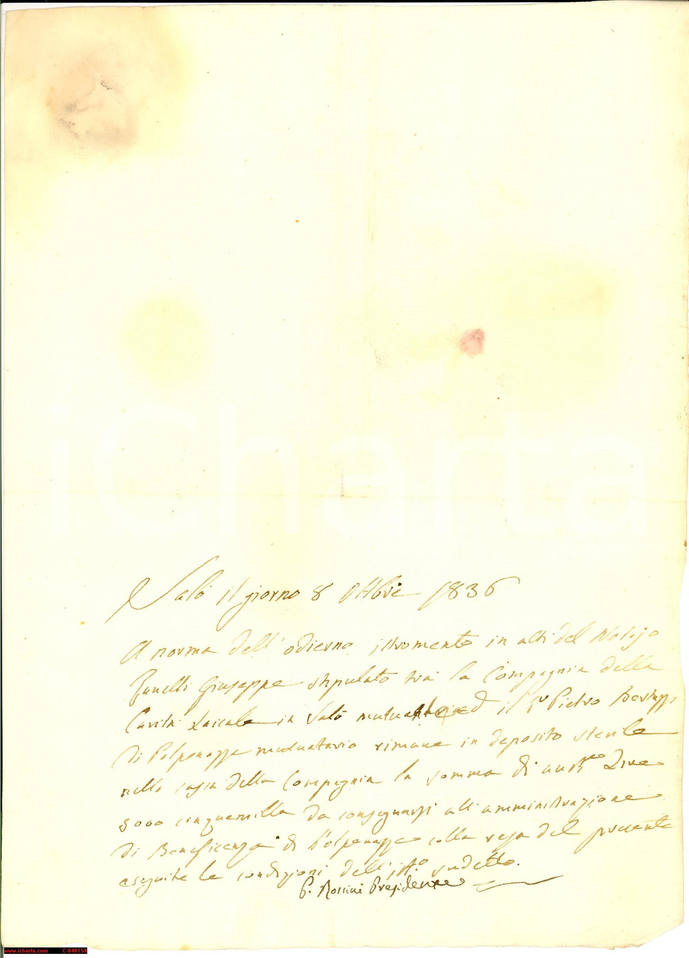 Documento originale, autentico 1836 POLPENAZZE SUL GARDA (BS) lascito CaritÃ  Laicale 1
