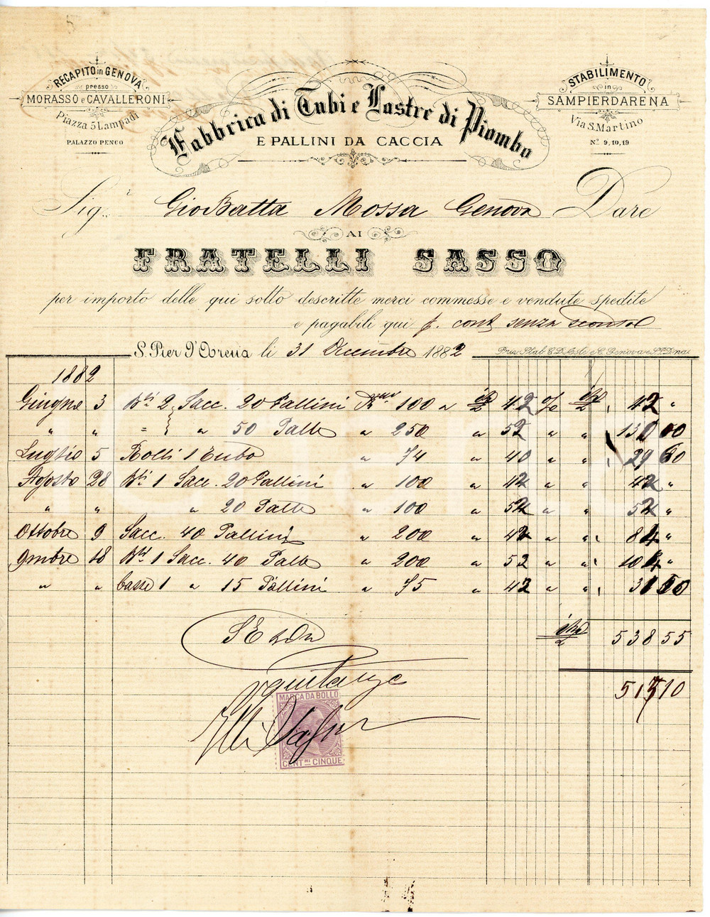 1882 GENOVA F.lli SASSO - Fabbrica di tubi, lastre di piombo e pallini da caccia Fattura commerciale d'epoca, manoscritta, su carta intestata.Genova - piazza 5 LampadiPresente marca da bollo.CONDIZIONI: F (piegature d'epoca, ingiallimento con fioriture lungo la piegatura)PAGINE: 1    originale e autentica 1