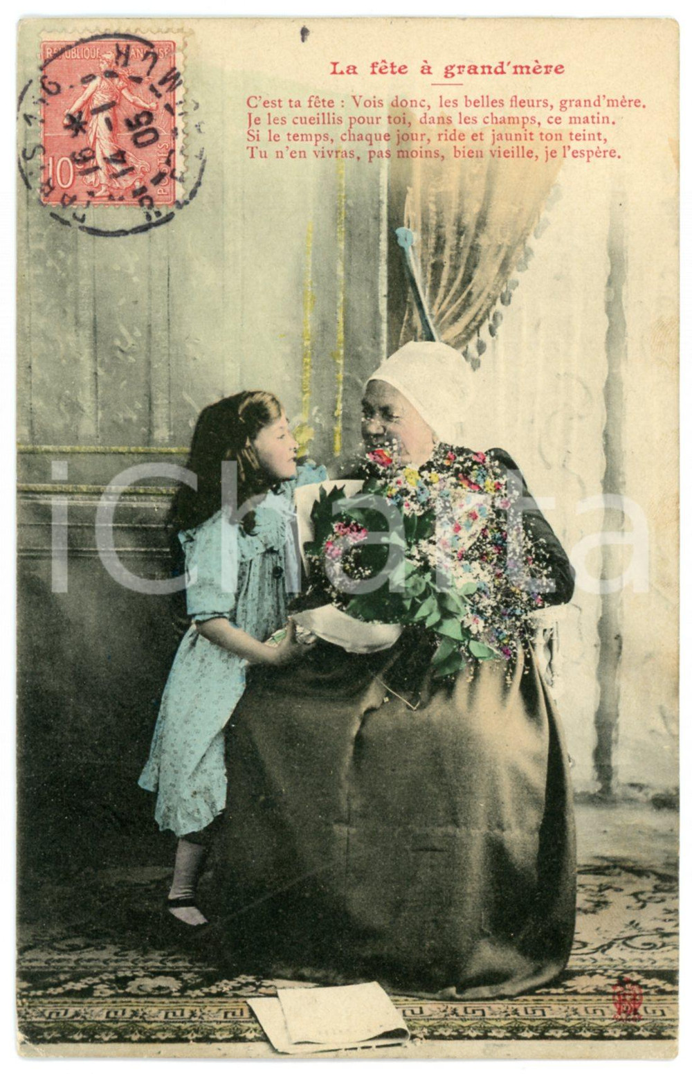 1905 FRANCE FAMILLE La fête à grand'mère - Postcard CPA  Cartolina postale d'epoca, viaggiata. GOOD/buono ma minime smussature angolari Formato: 14x9 cm originale e autentica 1